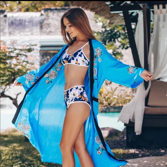 Cotton turquoise Embroidered kimono - Picture 2 of 4